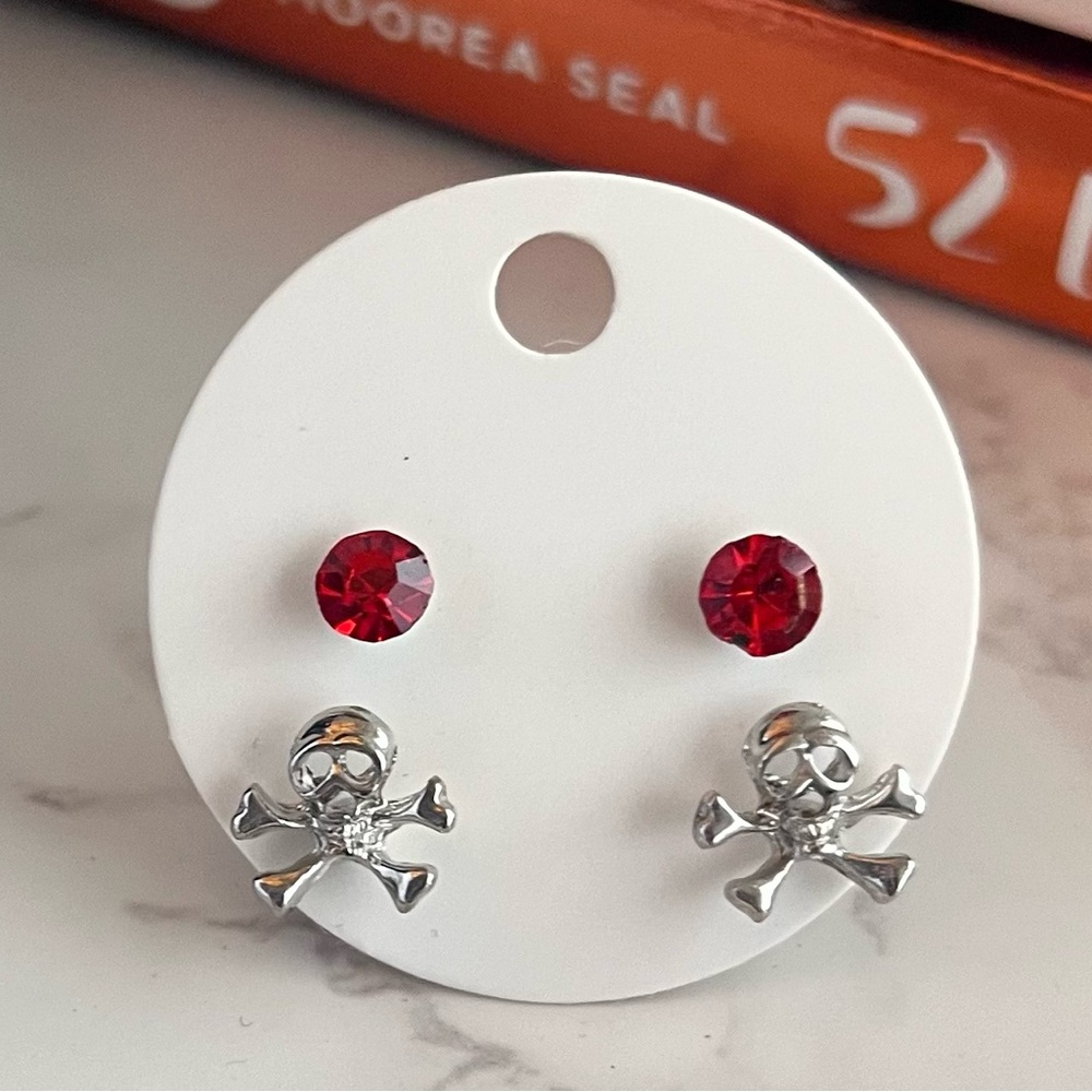 Skull Crossbones Earrings Red Gem Studs
